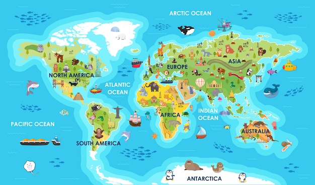 Wereldkaart met zicht dieren monumenten Mondiale atlas voor kinderen reizen rond de planeet Continenten van Amerika Australië Afrika Europa Azië Antarctica Vectorillustratie