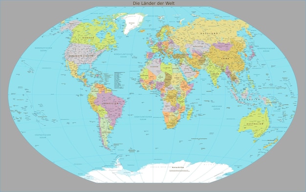 Vector wereldkaart politieke duitse taalversie winkeldrievoudige projectie