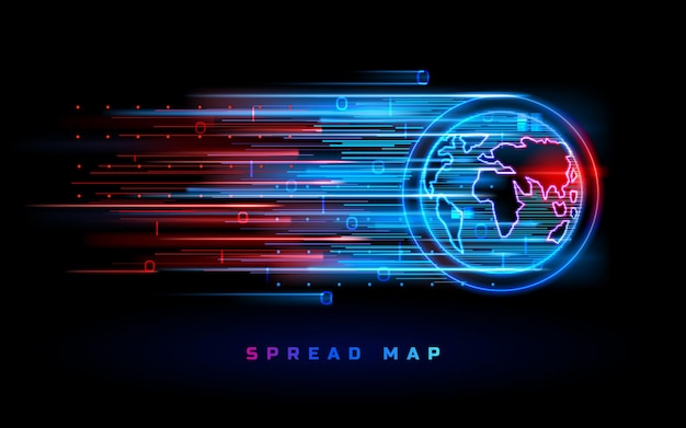 Wereldkaart verspreid vector achtergrond, blauwe rode neon hotspots.