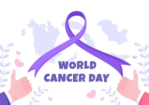 Wereldkankerdag met lint platte vectorillustratie. Informeer het publiek over ziektebewustzijn op 4 februari via campagneachtergrond of poster