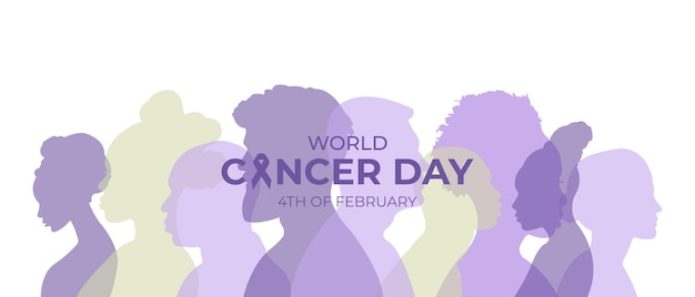 WereldkankerdagbannerVectorillustratie met silhouetten van mensen en een lavendelband