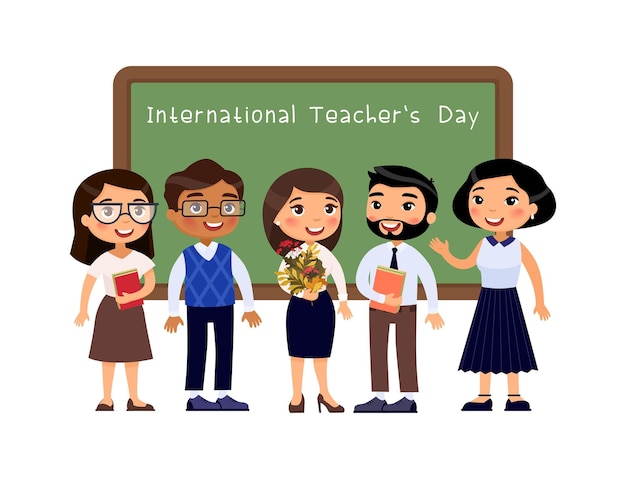 Wereldlerarendaggroet, leraren staan in de buurt van schoolbord in de klas