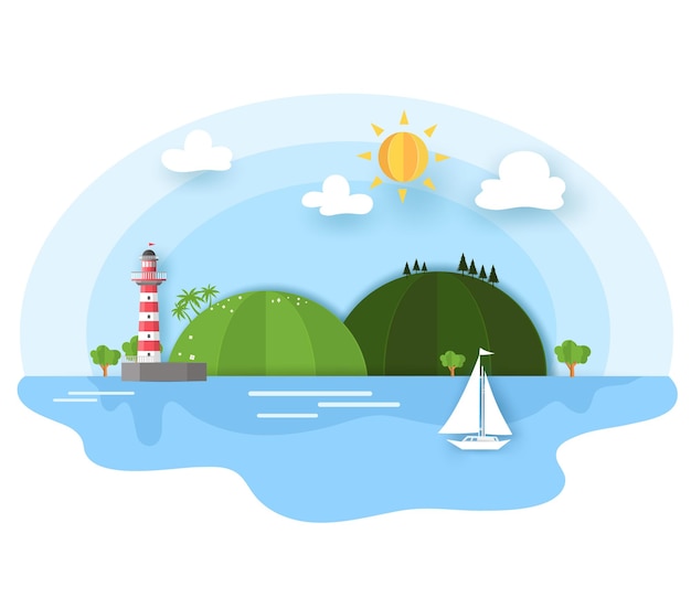 Wereldmilieudag 5 juni concept in illustrator groene wereld met berg vuurtoren zon wolken en boot in origami ontwerp voor een papieren