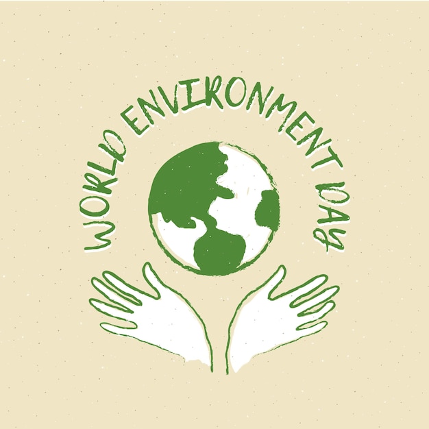 Wereldmilieudag-logo Handen beschermen het embleem van de aarde op de ambachtelijke achtergrond Global Ecology