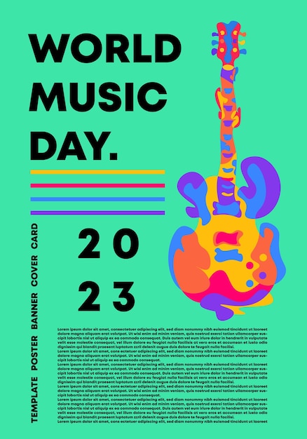 Vector wereldmuziekdag poster met gitaar illustratie en groene achtergrond bewerkbaar