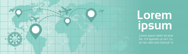 Wereldreizen per vliegtuig Sjabloon Banner Vliegtuig Fly Over Earth-kaart met navigatie Pointers Route Planning