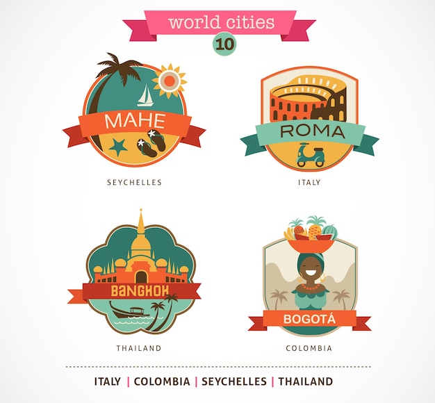 Vector wereldsteden-labels en symbolen - mahe, roma, bangkok, bogota - 10