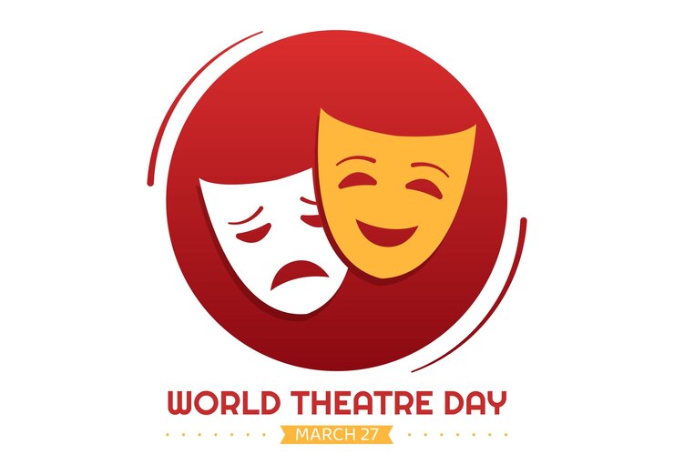 Vector wereldtheaterdag illustratie met maskers en vieren theater in handgetekende bestemmingspagina sjabloon