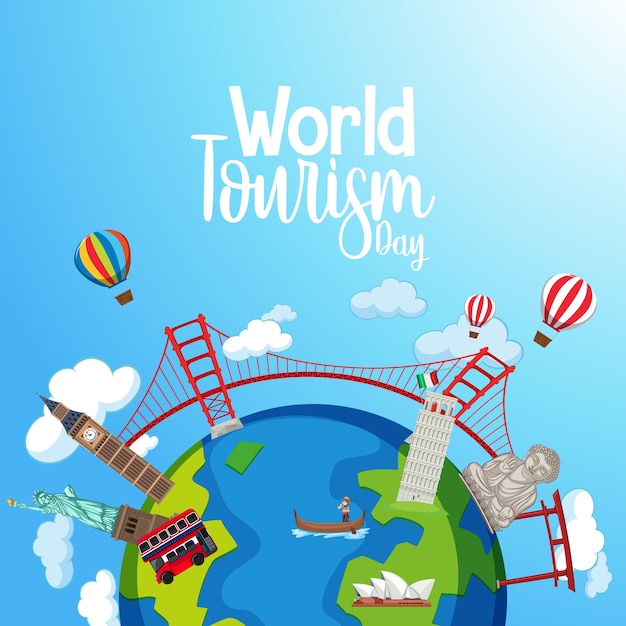 Wereldtoerisme dag logo met beroemde toeristische oriëntatiepunten elementen
