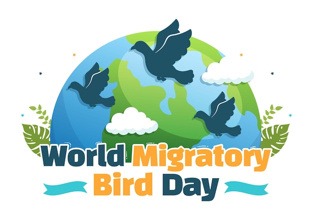 Wereldtrekvogeldag op 8 mei Illustratie met vogelsmigratiegroepen in handgetekende sjablonen