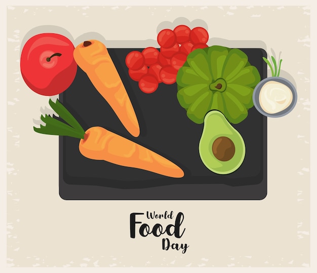Wereldvoedseldag poster met groenten in bord beige afbeelding ontwerp