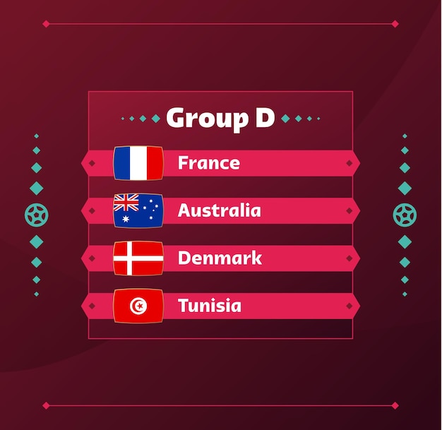 Wereldvoetbal 2022 groep d vlaggen van de landen die deelnemen aan het wereldkampioenschap 2022 vectorillustratie