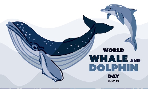 Wereldwalvis- en dolfijndag: 23 juli, poster, banner, walvis- en delfijnillustratie.