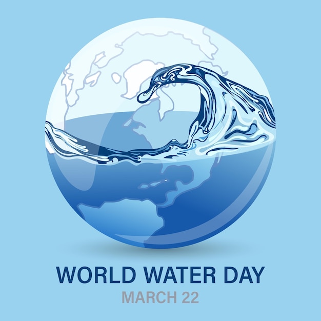 Wereldwaterdag, 3d planeet met waterplons. Ecologisch begrip. Spandoek, poster, ansichtkaart, vector