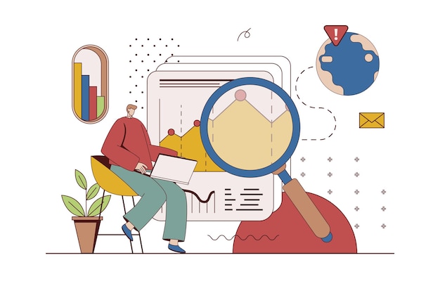 Wereldwijd bedrijfsstrategieconcept met karaktersituatie in plat ontwerp Man verkent internationale markttrends breidt bedrijf uit met succesplanning Vectorillustratie met mensenscène voor web