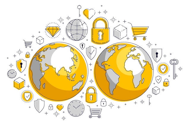 Wereldwijd internet verbindingsconcept, planeet aarde met verschillende iconen set, big data, internetactiviteit, wereldwijde communicatie, vector, elementen kunnen afzonderlijk worden gebruikt.