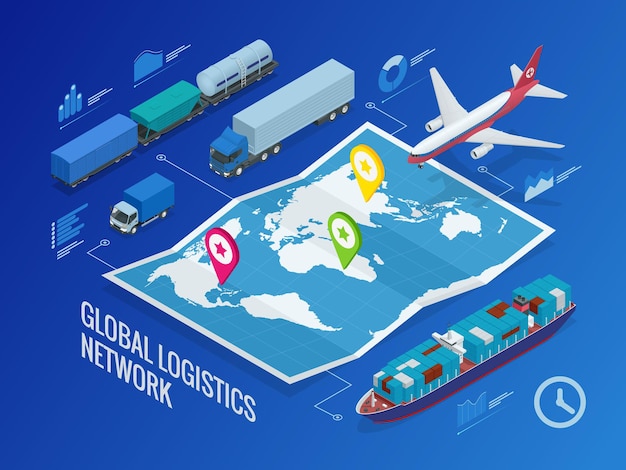 Wereldwijd logistiek netwerk plat isometrische vectorillustratie concept van luchtvracht vrachtwagenvervoer per spoor zeescheepvaart on-time levering voertuigen ontworpen om grote aantallen te vervoeren