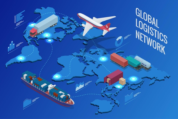 Vector wereldwijd logistiek netwerk plat isometrische vectorillustratie concept van luchtvracht vrachtwagenvervoer per spoor zeescheepvaart on-time levering voertuigen ontworpen om grote aantallen te vervoeren