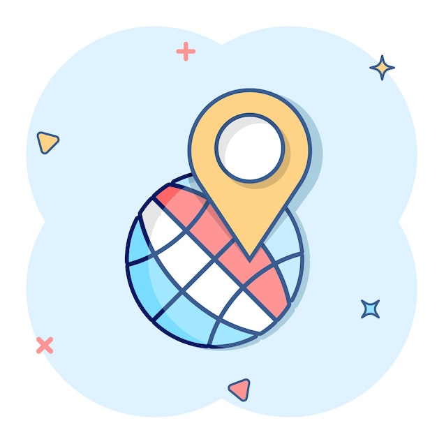 Wereldwijd navigatiepictogram in komische stijl Globe pin gps cartoon vectorillustratie op witte geïsoleerde achtergrond Planeet richting splash effect bedrijfsconcept