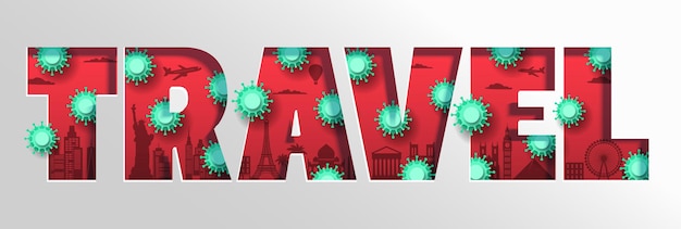Wereldwijd reizen tijdens coronavirus pandemie typografie vector banner sjabloon. covid-19 reisregels en -beperkingen, quarantainevereisten, preventieve maatregelen.