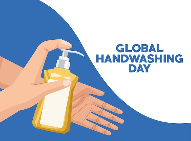 Wereldwijde handwasdagcampagne met handen met zeepfles