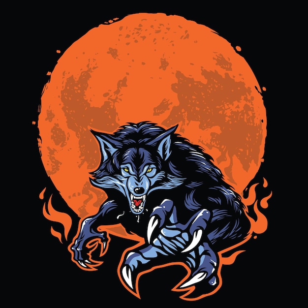 Vettore werewolf mad angry wolf and moon logo template illustrazione vettoriale design