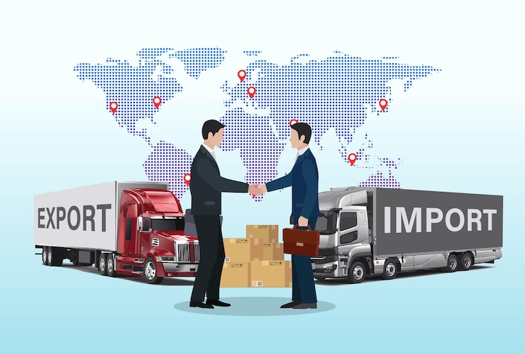 Vector werk deal cargo export en import logistiek concept zakelijke partners karakters handschudden