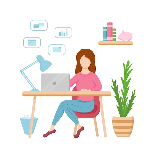 Werk thuis freelance meisje met laptop Handgetekende illustratie