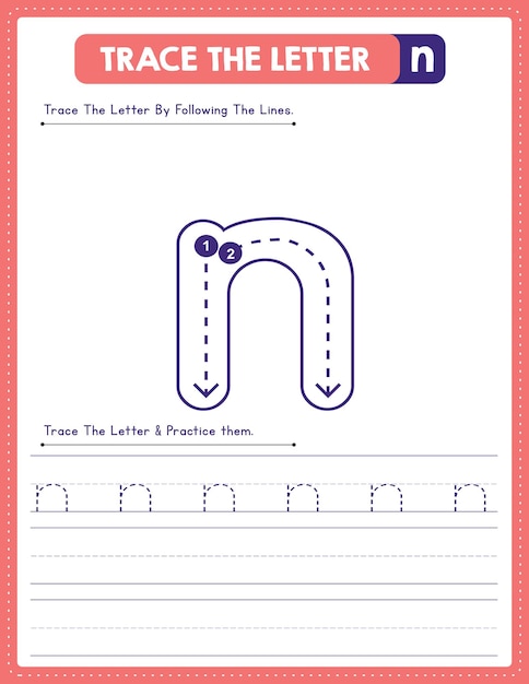 Werkblad voor handschriftoefeningen in kleine letters met pijlrichting Alfabet n