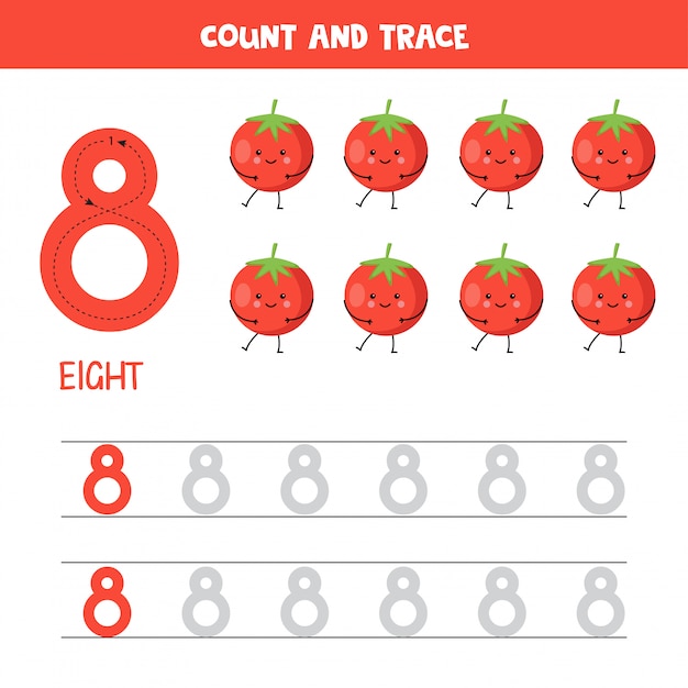 Werkblad voor het traceren van nummers. nummer acht met schattige kawaii rode tomaten.