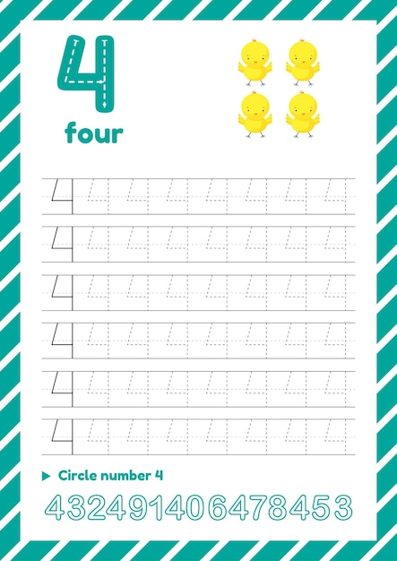 Werkblad voor het traceren van nummers voor het onderwijs van kinderen Leergetallenpagina's Nummer vier