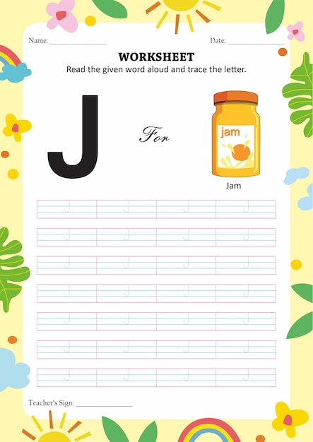 Werkblad voor kinderen traceren en lezen letter J