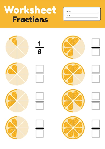 Werkbladfracties voor kinderen. wiskunde voor kleuters en schoolkinderen. oranje.
