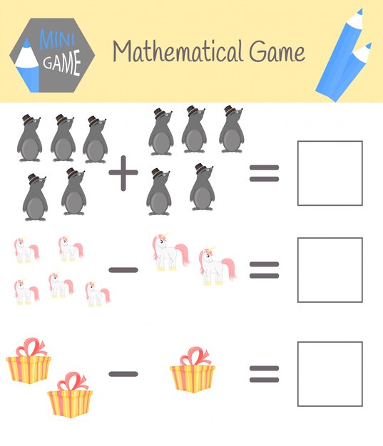 Werkboek over wiskunde voor voorschoolse educatie. Puzzels voor kinderen. Leer tellen. Los voorbeelden op