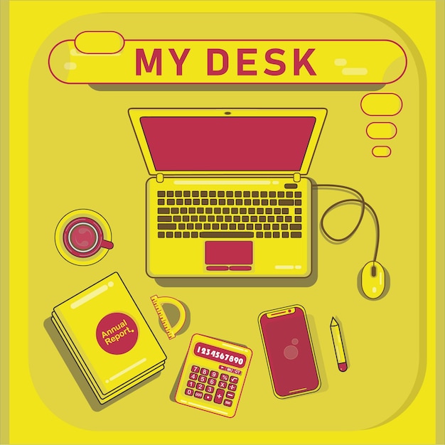 werkbureau vectorontwerp met bewerkbare laptop koffieboekcalculator in geel en rood