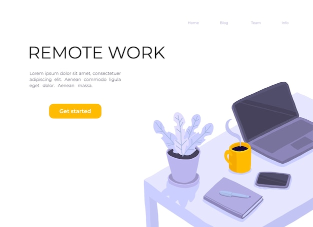 Werken bij Home Office. Bureau in de kamer, laptor, notitieboekje, bloem in een pot, smartphone en kopje koffie.