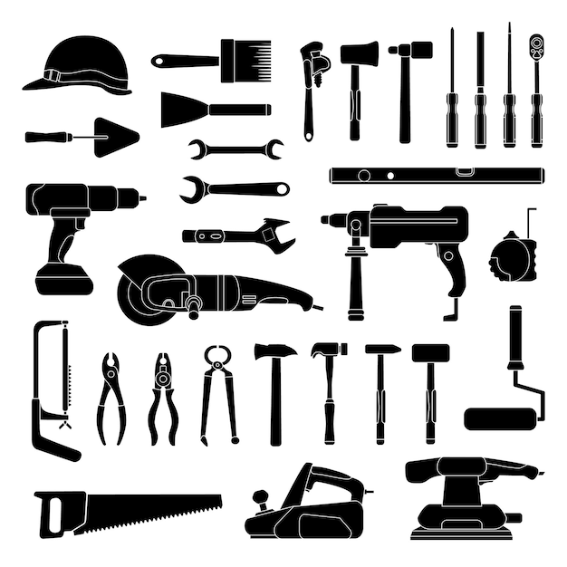 Werkende handgereedschap silhouet. Bouw en huis reparatie toolkit pictogrammen. Workshop hardware, boor, hamer, zaag en moersleutel, vector set. Illustratie hamer en timmerwerkset om te repareren en te werken