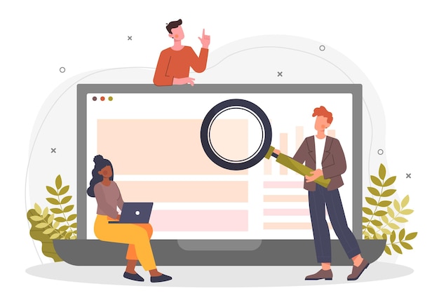 Werkkantoorconcept werknemers bestuderen digitale informatie vorming van archief in databankonderzoek