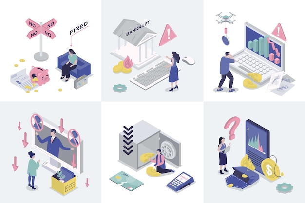 Werkloosheid en crisis 3d isometrie concept voor webontwerp Collectie set met isometrische mensen werd ontslagen financiële problemen werkloosheid wereldwijde economische recessie met pijl naar beneden Vector illustratie