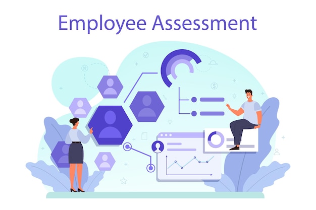 Werknemer beoordelingsconcept werknemer evaluatie testformulier en rapport werknemer prestatiebeoordeling personeel management empolyee ontwikkeling geïsoleerde platte vectorillustratie