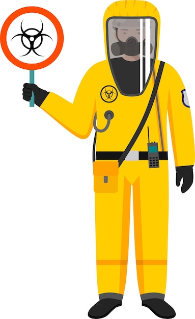 Werknemer in stralingsbeschermingspak, helm en gasmasker houdt een waarschuwingsbord vast