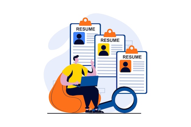 Werknemer inhuren proces concept met mensen scène in platte cartoon design Man kijkt naar de beste cv's en selecteert personeel Human resources en werving Vector illustratie visueel verhaal voor web