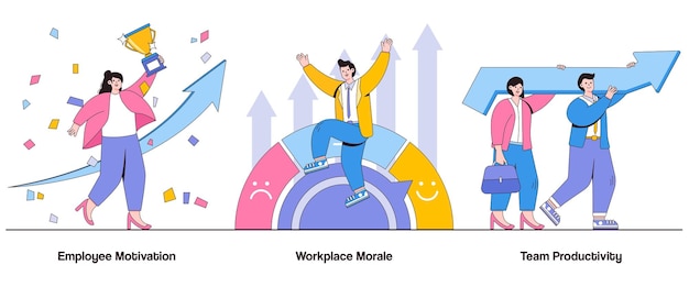 Vector werknemer motivatie werkplek moreel team productiviteit concept met karakter gemotiveerde beroepsbevolking abstract vector illustratie set werknemersbetrokkenheid team synergie positieve werkomgeving