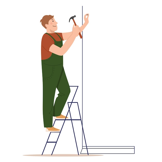 Werknemer staat op een ladder en hamert een spijker vector home renovation man in uniform