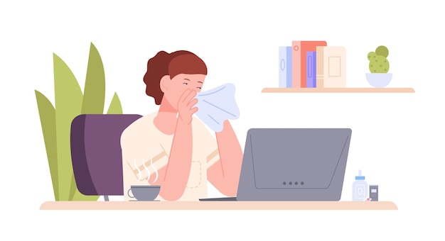 Werknemer zieke griep Hoestende werknemer op laptop kantoor werkplek moe hoesten vrouw symptomen allergie of koorts onwel koude dame baan