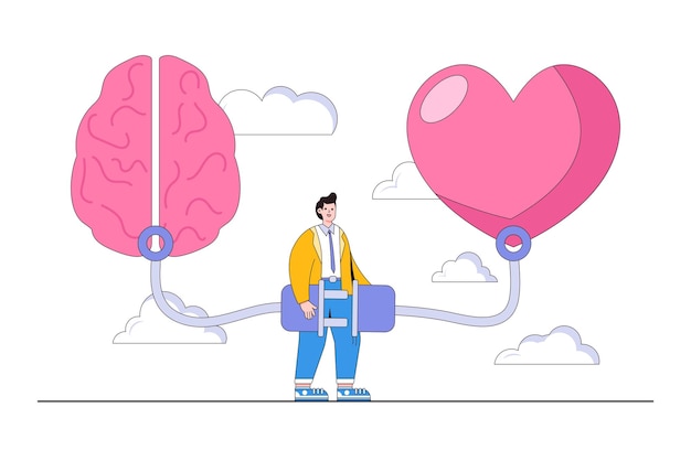 Werkpassiebepaling of motivatie om te slagen en de mentaliteit van de zakelijke concurrentie te winnen of de houding om te werken te vergroten, we houden ervan om concepten te doen Zakenman die hersen- en hartinteracties verbindt