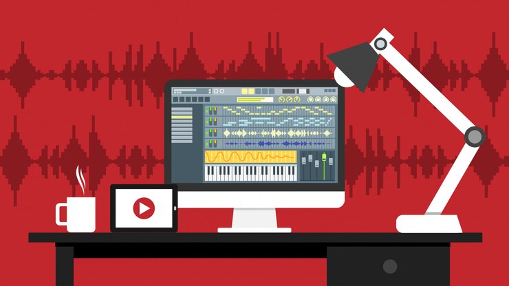Vector werkplaats van softwareapplicatie voor geluids- en video-editorinterfaces op computermonitor