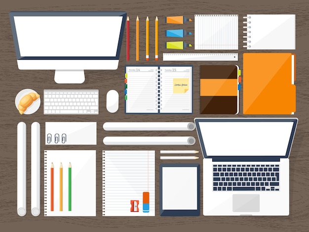 Werkplek met tafel en computer laptop documenten papieren notepad potlood papierwerk kantoorwerk