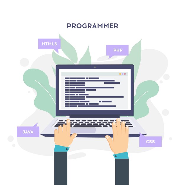 Werkplek van programmeur of coder Vector illustratie programmeur codeert een nieuw project met behulp van computer Web Development website schermen programma code engineering