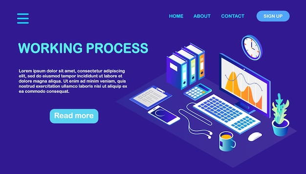 Werkproces. 3d isometrische kantoorwerkplek met computer, pc, telefoon, koffie, blocnote, document